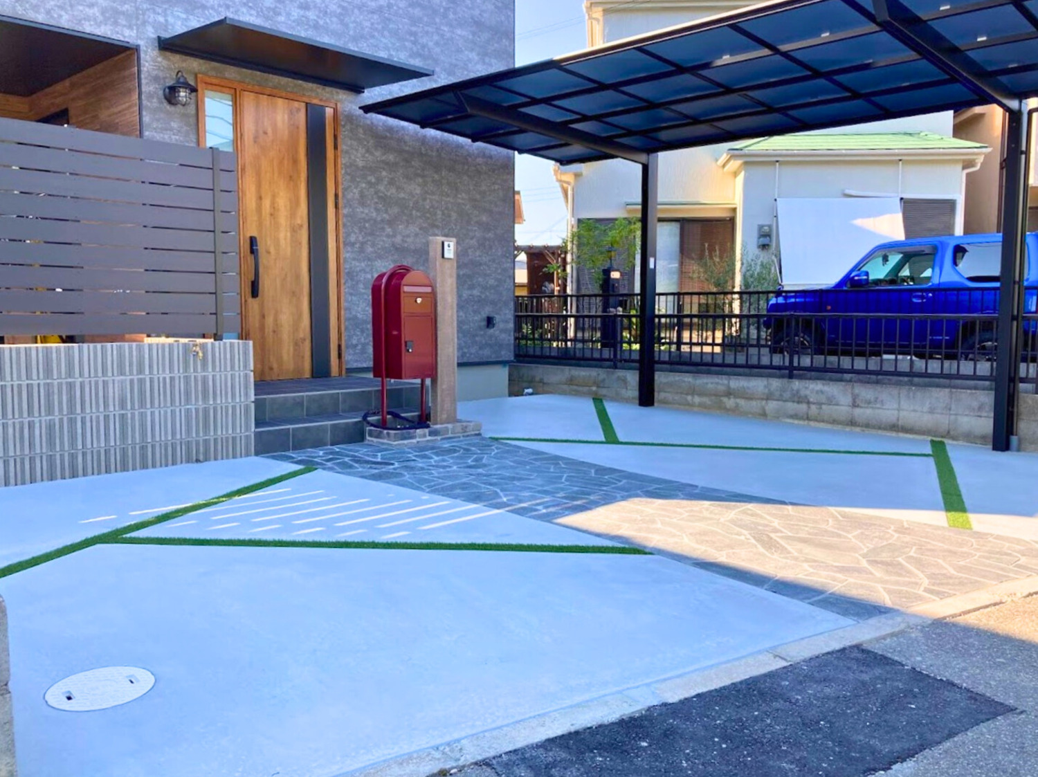 乱形石アプローチ・カーポート・ウッドデッキ・駐車場・ポスト・目隠しフェンスetc...№101